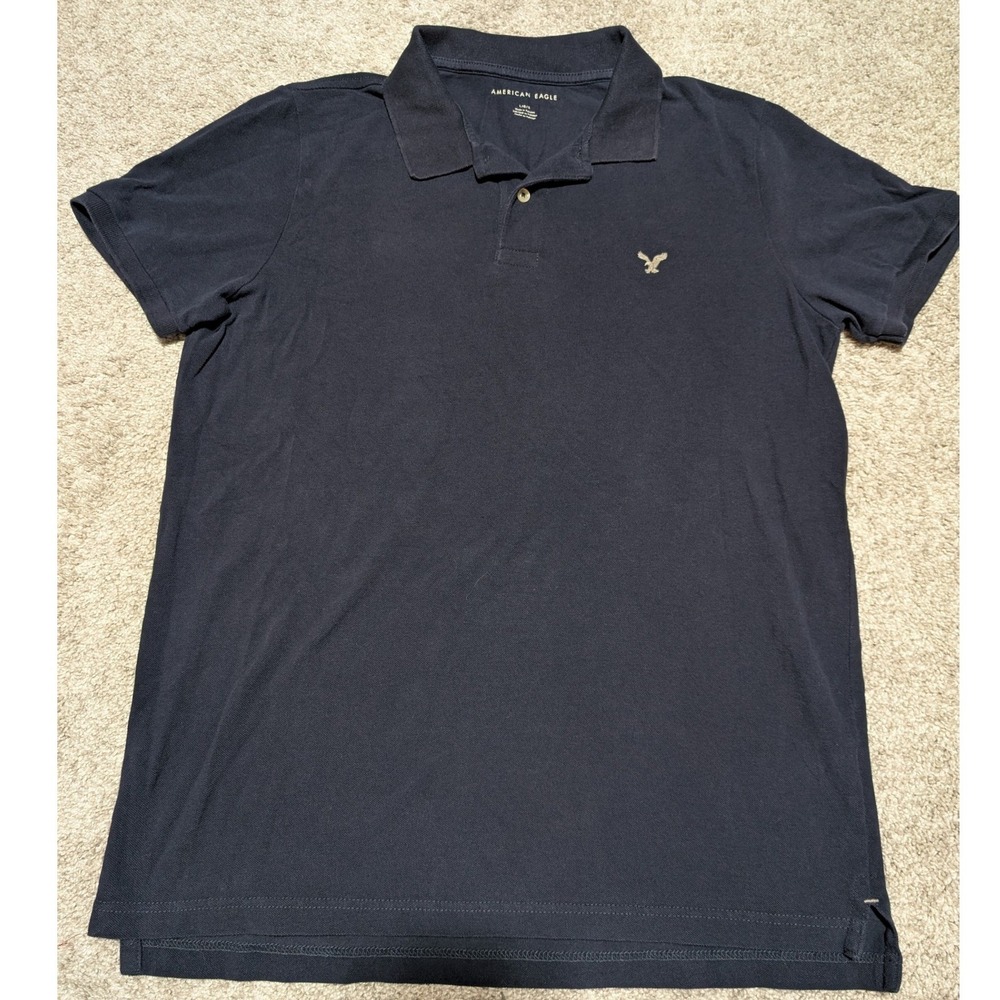 American Eagle Polo Mens Large Navy Blue‎ Short Sleeve Pique Logo Casual Classic